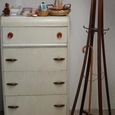 Vintage chest of drawers and antique coat rack 
