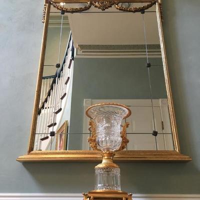 Baccarat Bronze Vase, Regency Gilt Mirror with Swag and Griffin Detail 