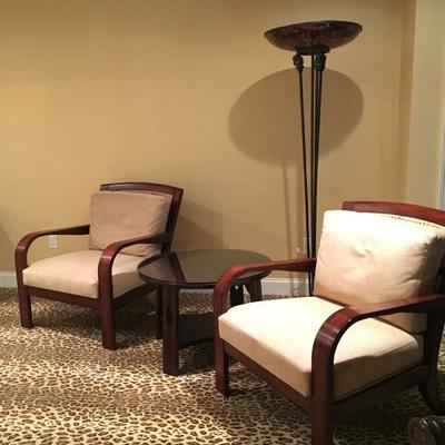 Rattan Back and Seat Mahogany Armchairs with Down Cushions 