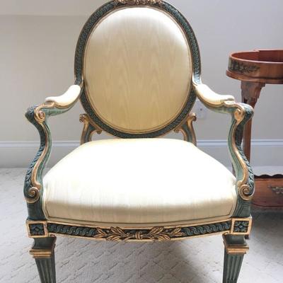 Regency Oval Back Armchairs in Green with Gilt 