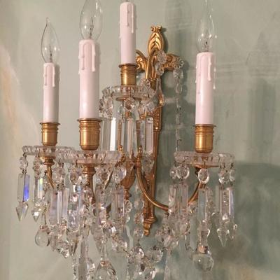 19th c Baccarat Crystal and Bronze Sconces, Pair 