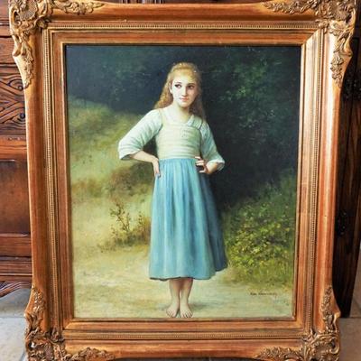 Oil Painting of a girl in gilt carved frame approx 24 x 30