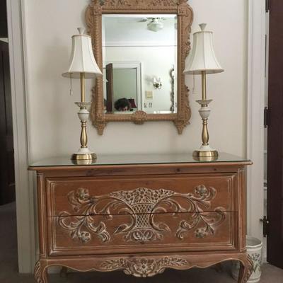 French Country Two Drawer Dresser with Basket Detail, Lenox Lamps, Carved Mirror