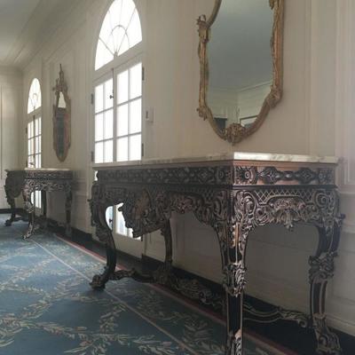 Carved Marble Top Console Tables, Pair 