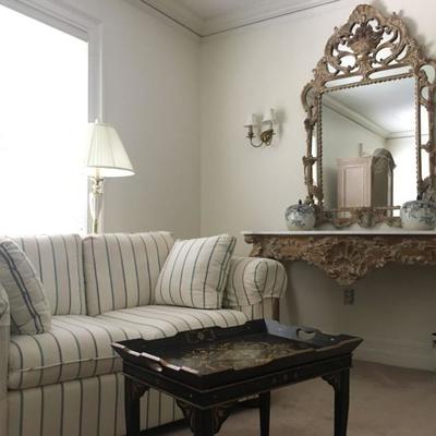 Baker Striped Sofa, Tray Table