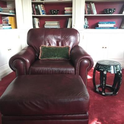 Leather Armchair with Nailhead Trim and Ottoman, Pair Available 