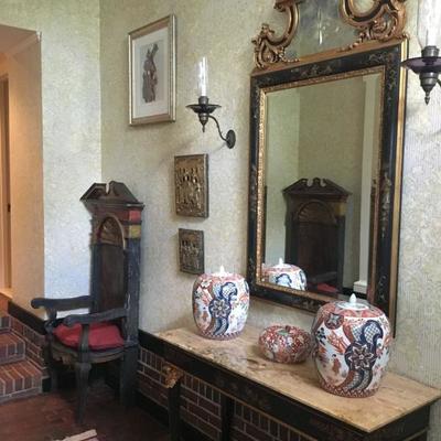 Imari Lidded Vessels, Gilded Hand Painted Hall Table, Gilded Hand Painted Mirror