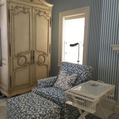 Baker Chair and Ottoman, Karges French Provincial Armiore 