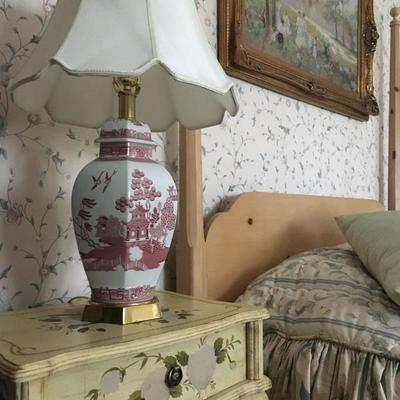 Hand Painted Bed Side Tables, Pair Available, Red and White Willow Lamp, Pair Available 