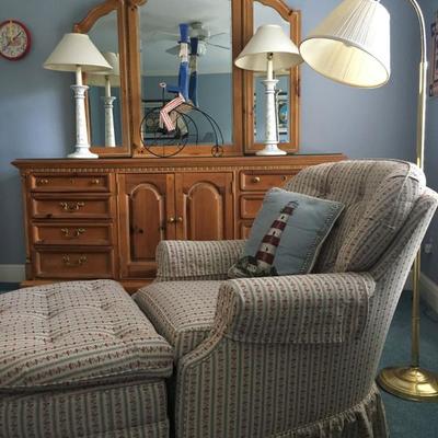 Thomasville Dresser, Skirted Chair with Ottoman