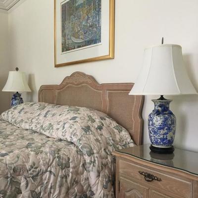  Baker Furniture French Country Cane Headboard, Baker Bed Side Tables, Blue and White Chinese Lamps 