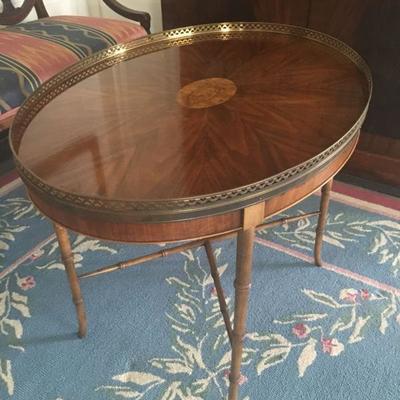 Baker Furniture Inlaid Table with Brass Rail 