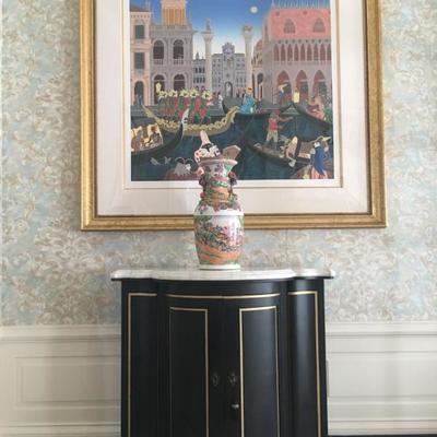Pair of Marble Top Cabinets, Thomas McKnight Venice Scene Serigraph, Chinese Vase
