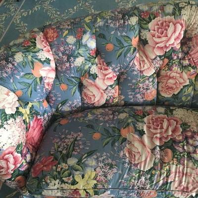 Baker furniture Tufted Back Floral Sofa, Pair Available 