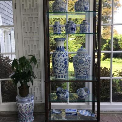 Blue and White Pottery, Brass Etagere 