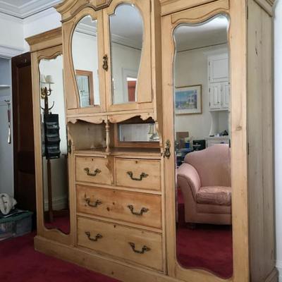 Antique English Pine Double Mirrored Door Chifferobe 