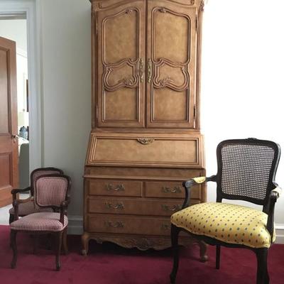 Drop Front Secretary, Children's Queen Anne Armchairs, Pair, Cane Back Armchair 