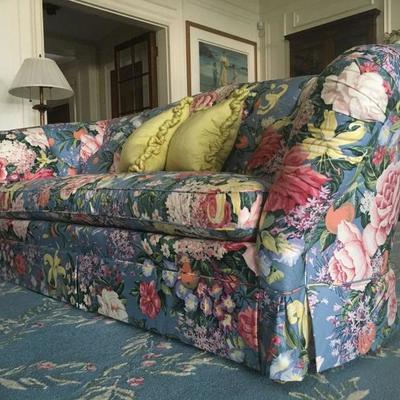 Baker Furniture Rounded Back Floral Sofa, Pair Available