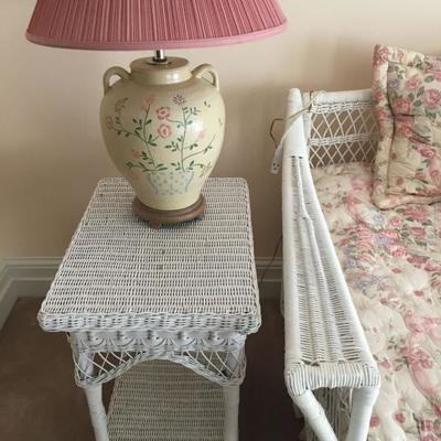 Wicker End Table, Hand Painted Jug Lamp