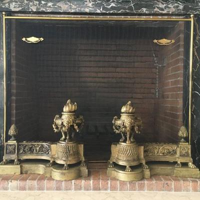 Antique Brass Andirons with Lion 