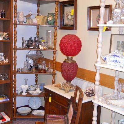 Vintage marble top washstand, red Gone With The Wind lamp, collectibles, etc.