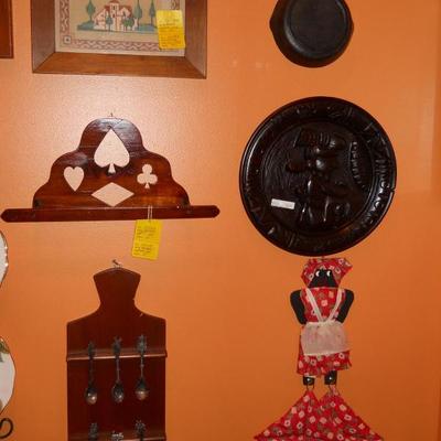 Black Americana pot holder set, cast iron small skillet, towel holder, spoon rack, etc.