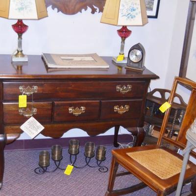 chest with original furniture tag, marble base cranberry lamps, vintage rocking chair, etc.