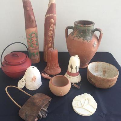 Handmade Aztec/Pueblo pottery and bells