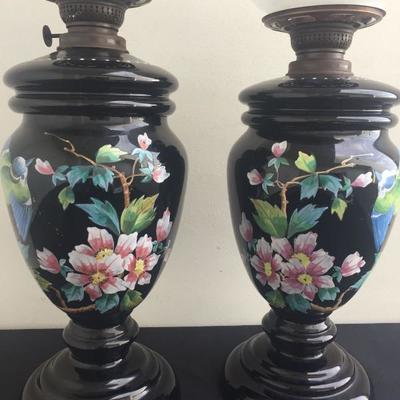 Matching vintage handpainted kerosene lamps