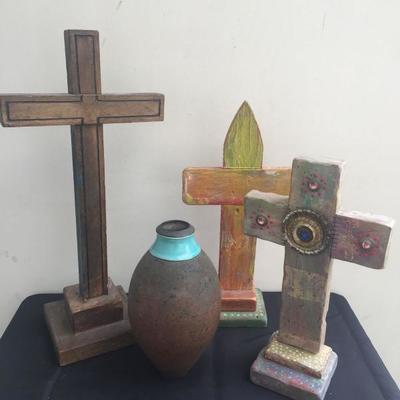 Folk art original crosses and Raku hand thrown vase