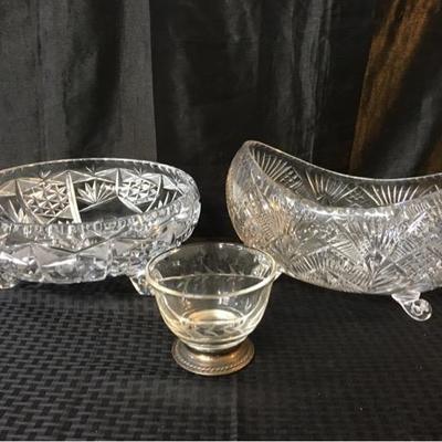 Unique Crystal Cut Glass Footed Bowls & Silverplate Pedestal Glass Nut Bowl