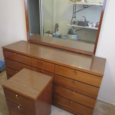 Mid Century Triple Dresser with Mirror and Nightstand