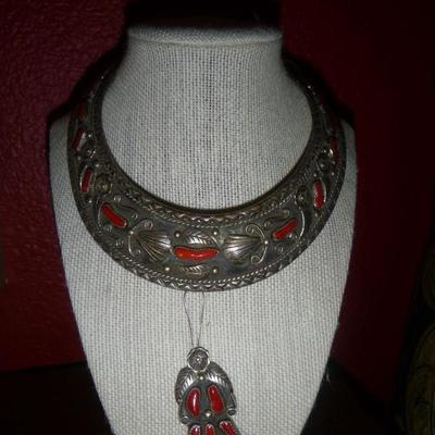 Charlie Yazzie collar in coral.  sterling silver.