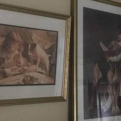 Antique Framed Wall Art--Girl praying with her dog