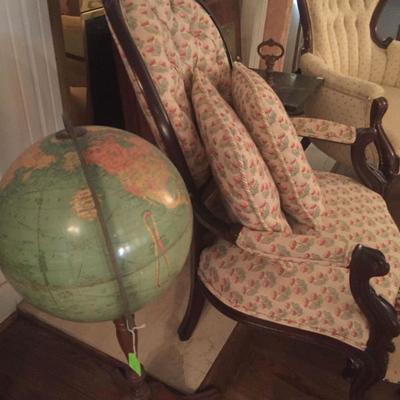 Victorian hand carved chair, vintage floor globe 