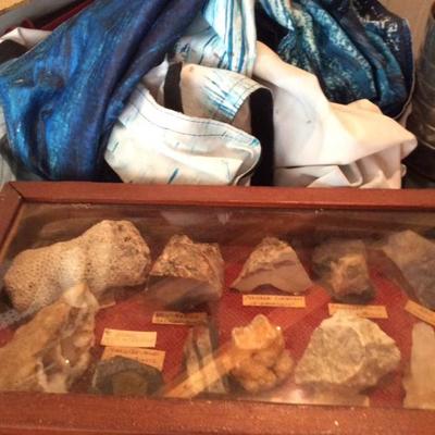 SOME OF MANY COLLECTED ROCK SPECIMENS, SOME LOOSE AND MANY IN CASES