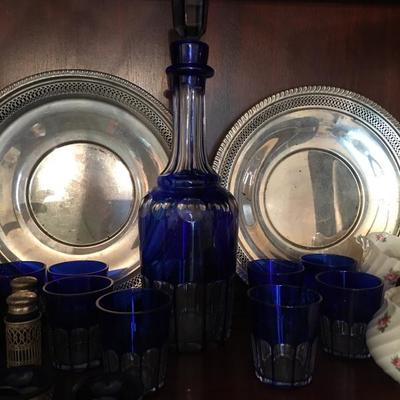 Sterling Plates and Cobalt decanter and glasses