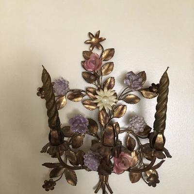 one of a pair of brass and porcelain sconces