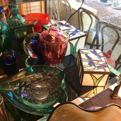 Stained glass boxes and Murano glass ashtrays.