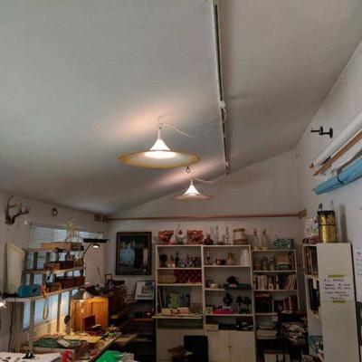 Pair of Murano (Italian) flared glass pendant ceiling lamps. Nearly two feet in diameter. Circa 1970.