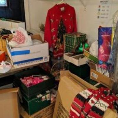 Christmas sweaters and miscellaneous decorations.
