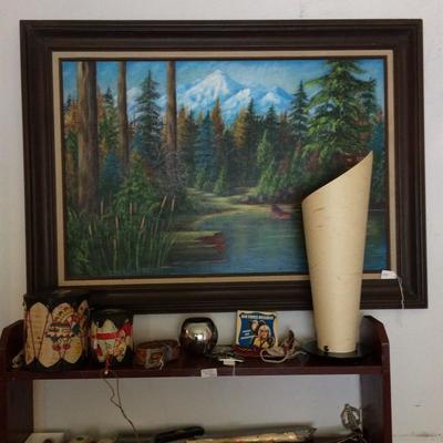 Large original oil painting of a mountain scene with boat and cabin.