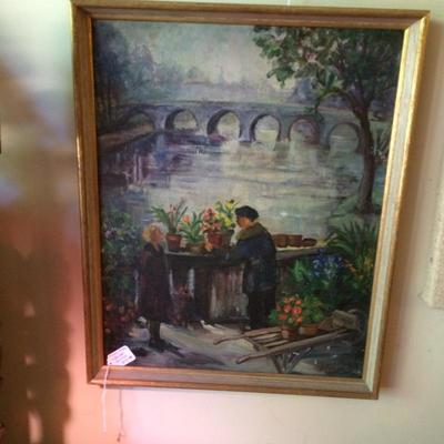 Original painting of flower vendor with bridge.
