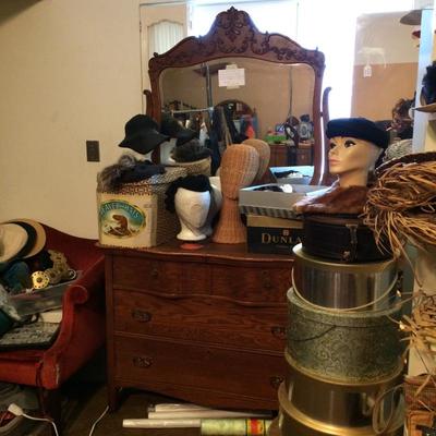 Antique carved oak dresser with vanity mirror.