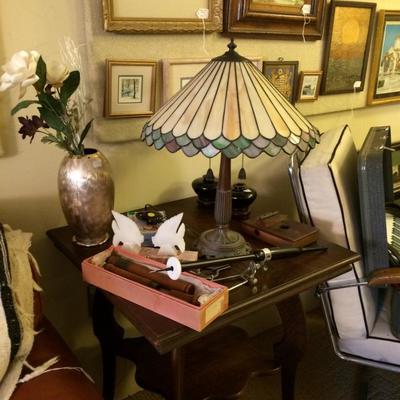 Good quality table lamp with slag glass shade.