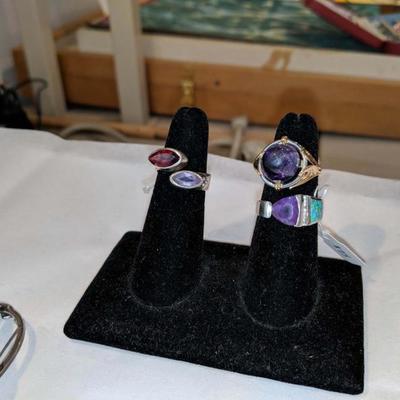 14k gold and Sterling rings with amethyst, garnet and opal.