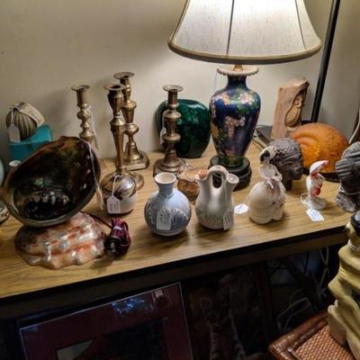 Antique brass candlesticks, cloisonnÃ© lamp, Navajo vases,etc.