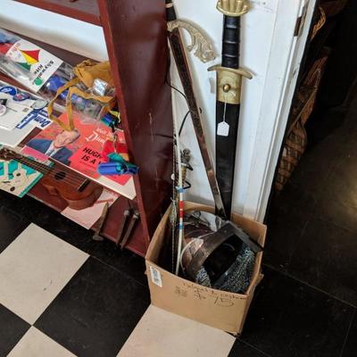 Complete set of chain mail, with helmet and swords.