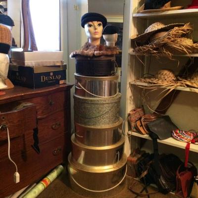 Hats, hat boxes, and purses.