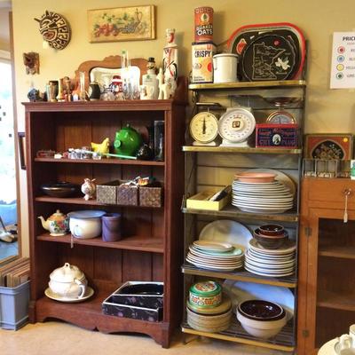 Shelves and miscellaneous kitchen items.
